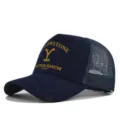 Yellowstone Dutton Ranch trucker hat detail, navy blue mesh cap with yellow graphic print. - Adjustable / Navy Blue