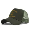 Dark green mesh trucker hat featuring Yellowstone Dutton Ranch and Yellowstone logo print. - Adjustable / Army Green
