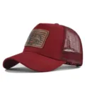 Details of the maroon mesh trucker hat with a fishing leather patch for summer outdoor sun. - Adjustable / CM817-2 Wine Red