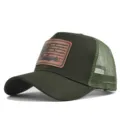 Detailed view of military green mesh baseball hat with brown leather hunting patch. - Adjustable / CM816-4 Army Green