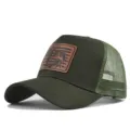 Army green mesh baseball cap with brown leather fishing patch, breathable summer sun hat detail. - Adjustable / CM817-4 Army Green