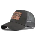 Brooklyn leather patch trucker hat with mesh back, breathable summer baseball cap for men. - Dark Gray