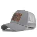 Grey mesh trucker hat with leather bass fishing patch, breathable summer baseball cap - Adjustable / CM817-6 Light Grey