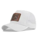 White mesh baseball cap with brown leather patch, perfect for outdoor summer fishing style. - Adjustable / CM817-9 White