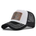 Summer mesh baseball cap with raccoon leather patch, breathable trucker hat for sun. - Adjustable / Black and White Embroidery Thread