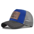 Summer mesh baseball cap with hunting leather patch, breathable trucker hat for outdoor sun protection. - Adjustable / CM816-12 Dark Gray & Blue with Embroidery