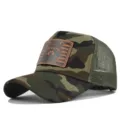 Camo trucker hat with raccoon leather patch, breathable mesh summer baseball cap design. - Adjustable / Khaki Camouflage