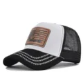 Classic black and white mesh baseball cap with brown leather patch and curved brim for outdoor. - Adjustable / CM816-13 Black and White Embroidery Thread