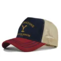 Yellowstone Dutton Ranch trucker hat with mesh back, red brim and vintage graphic print. - Adjustable / Burgundy & Navy