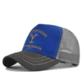 Yellowstone Dutton Ranch trucker hat with blue front panel, grey mesh back, and curved brim. - Adjustable / Dark Grey/Blue