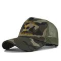 Camouflage mesh trucker hat featuring Yellowstone Dutton Ranch print and breathable back. - Adjustable / Khaki Camouflage
