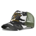 Camo trucker hat with mesh back and Yellowstone Ranch print design for outdoor casual wear. - Adjustable / White Camouflage