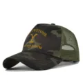 Camo mesh baseball cap with Yellowstone Dutton Ranch printed logo for outdoor sun protection. - Adjustable / Grey Camouflage