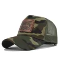 Detailed view of camo trucker hat with leather fishing patch, breathable mesh back design. - Adjustable / CM817-15 Khaki Camouflage
