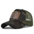 Camouflage trucker baseball cap with a brown leather raccoon patch, mesh back for summer. - Adjustable / Grey Camouflage
