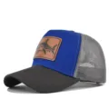 Gorra de béisbol de malla azul y gris con parche de tiburón de cuero marrón y visera de verano. - Ajustable / Gris Oscuro y Azul (Malla Gris)