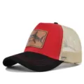 Gorra trucker de verano parche de cuero tiburón rojo negro malla transpirable gorra de béisbol - Ajustable / Negro y Rojo (Malla Beige/Puntada Roja)