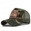 Camouflage mesh trucker hat with brown leather patch, breathable summer casual baseball cap. - Khaki Camouflage