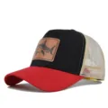 Gorra de béisbol de malla de verano con elegante parche de cuero de tiburón, transpirable. - Ajustable / Rojo y Negro (Malla Beige)