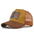 Raccoon leather patch trucker hat detail view, breathable brown mesh summer baseball cap. - Adjustable / Light Coffee/Caramel
