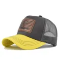 Duck hunting leather patch trucker hat with yellow brim, mesh back baseball cap for summer. - Adjustable / CM816-19 Yellow & Gray