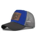 Summer breathable mesh baseball cap with leather patch, stylish blue and gray trucker hat. - Adjustable / CM817-23 Dark Gray & Blue with Gray Mesh and Gray Stitching