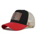Casual mesh trucker hat with a stylish raccoon leather patch, breathable summer baseball cap. - Adjustable / Red and Black with Beige Mesh
