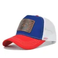 Summer mesh baseball cap with red brim, blue front panel and cute raccoon leather patch design. - Adjustable / Bright Red and Royal Blue with White Mesh