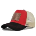 Casquette de baseball en filet rouge et noir classique avec patch en cuir style drapeau d'arbre. - Réglable / Noir/Rouge/Maille Beige/Couture Rouge (CM813-25)