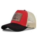 Close-up of the hunting leather patch and red brim stitching on the breathable mesh hat. - Adjustable / CM816-25 Black and Red Beige Mesh Red Thread