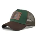 Close-up detail of the breathable mesh back and stylish leather patch on the front cap. - Adjustable / Coffee and Green