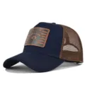 Men Women Raccoon Leather Patch Mesh Baseball Cap Summer Outdoor Sun Protection Trucker Hat - Adjustable / Navy with Coffee Mesh