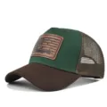 Outdoor hunting mesh baseball cap detail showing brown leather patch and breathable trucker back. - Adjustable / CM816-28 Coffee & Green