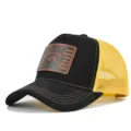 Summer mesh baseball cap with stylish raccoon leather patch, breathable snapback hat for men. - Adjustable / Black with Yellow Mesh