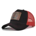 Black red mesh trucker hat with raccoon leather patch, breathable summer casual baseball cap. - Adjustable / Black with Bright Red Mesh