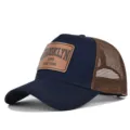 Classic Brooklyn leather patch trucker hat, breathable mesh back baseball cap for summer. - Navy & Coffee Mesh