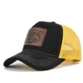 Black yellow trucker hat with leather fish patch and breathable mesh back for summer. - Adjustable / CM817-43 Black with Yellow Mesh