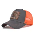 Outdoor hunting trucker hat with brown leather patch, breathable mesh and orange back panel. - Adjustable / CM816-37 Dark Gray Orange Mesh