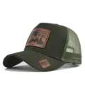 Outdoor mesh baseball cap with leather patch, tactical hunting trucker hat detail view. - Adjustable / Army Green (CM802-4)