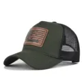 Detail view of tactical mesh baseball cap with brown leather hunting patch and breathable back. - Adjustable / CM816-39 Army Green Black Mesh