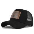 Black mesh trucker hat with brown leather raccoon patch adjustable summer baseball cap - Adjustable / Black