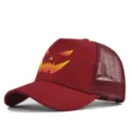 Red mesh baseball cap with Halloween pumpkin print, breathable trucker hat for adults. - Burgundy