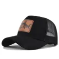 Gorra de béisbol de malla negra con parche de tiburón de cuero marrón sombrero de verano - Ajustable / Negro