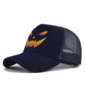 Halloween pumpkin print trucker hat, breathable mesh baseball cap, dark blue sunshade hat. - Navy Blue