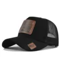 Zwarte truckerpet met bruine lederen patch, mesh honkbalpet voor de zomer in open lucht. - Verstelbaar / CM806-1 zwart / Zwart