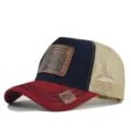 Klassieke mesh honkbalpet met stijlvolle lederen patch, ademende trucker hoed zomer. - Wijnrood Marine Contrast Beige Gaas