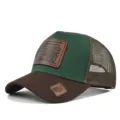 Vintage mesh trucker baseballcap met lederen tractor vlag patch in groen en bruine kleur. - Koffie/Groen-Koffie Gaas