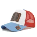 Klassieke mesh honkbalpet met leren patch, ademende trucker pet voor de zomer buiten. - Hemelblauw Wit Contrast Rood Gaas