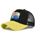 Farbblock-Mesh-Baseballcap mit malerischem Bergaufnäher für den sommerlichen Sonnenschutz. - Verstellbar / Gelb Und Schwarz