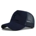 Classic navy blue mesh trucker hat with Yellowstone Dutton Ranch printed logo style. - Adjustable / Navy Blue
